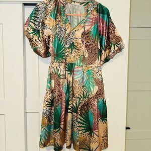 Wild Wonders Tan Tropical Leopard Print Dress SIZE S